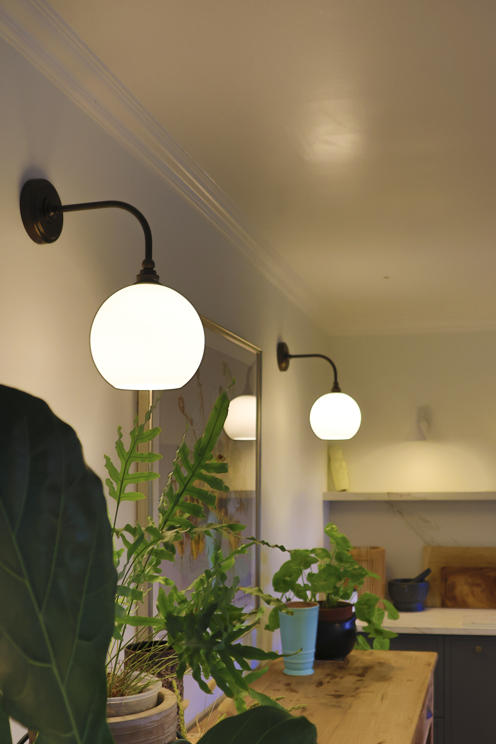 Arthur Long Arm Wall Light with 20cm Apothecary Opal Round Glass Shade