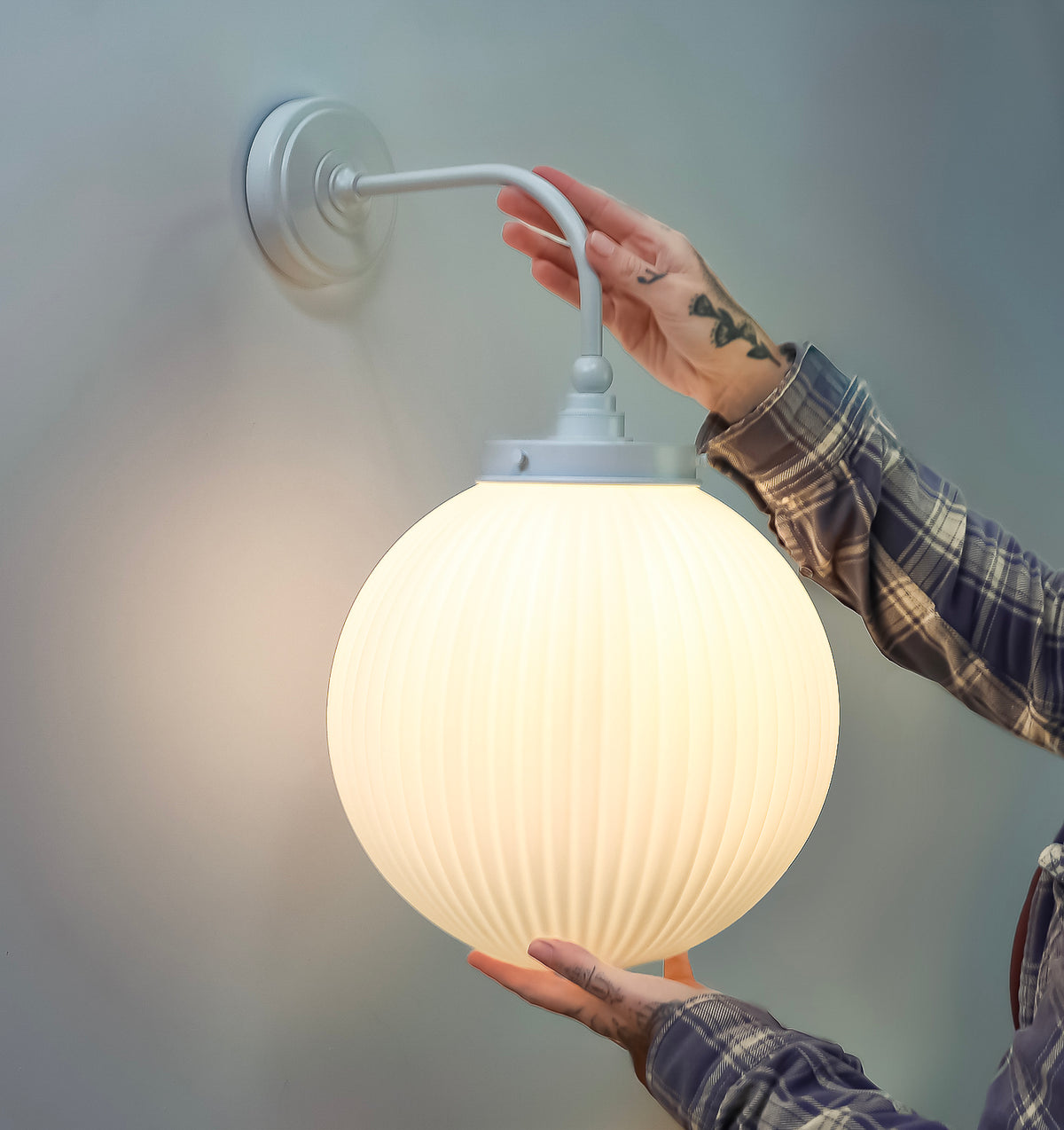 Arthur Long Arm Wall Light with 30cm Alfie Opal Glass Shade