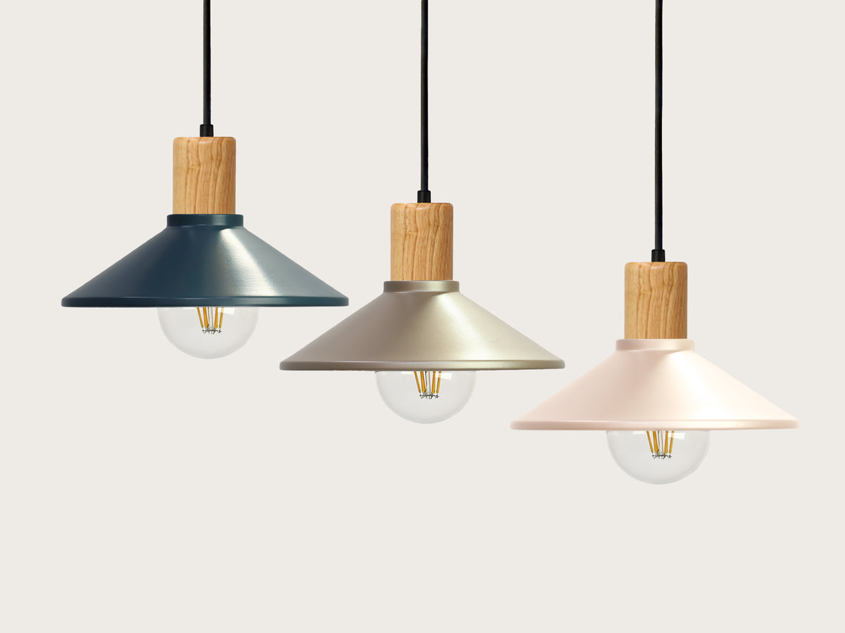 Coloured 22cm Metal Shade Wooden Pendant - Perfectly Imperfect!