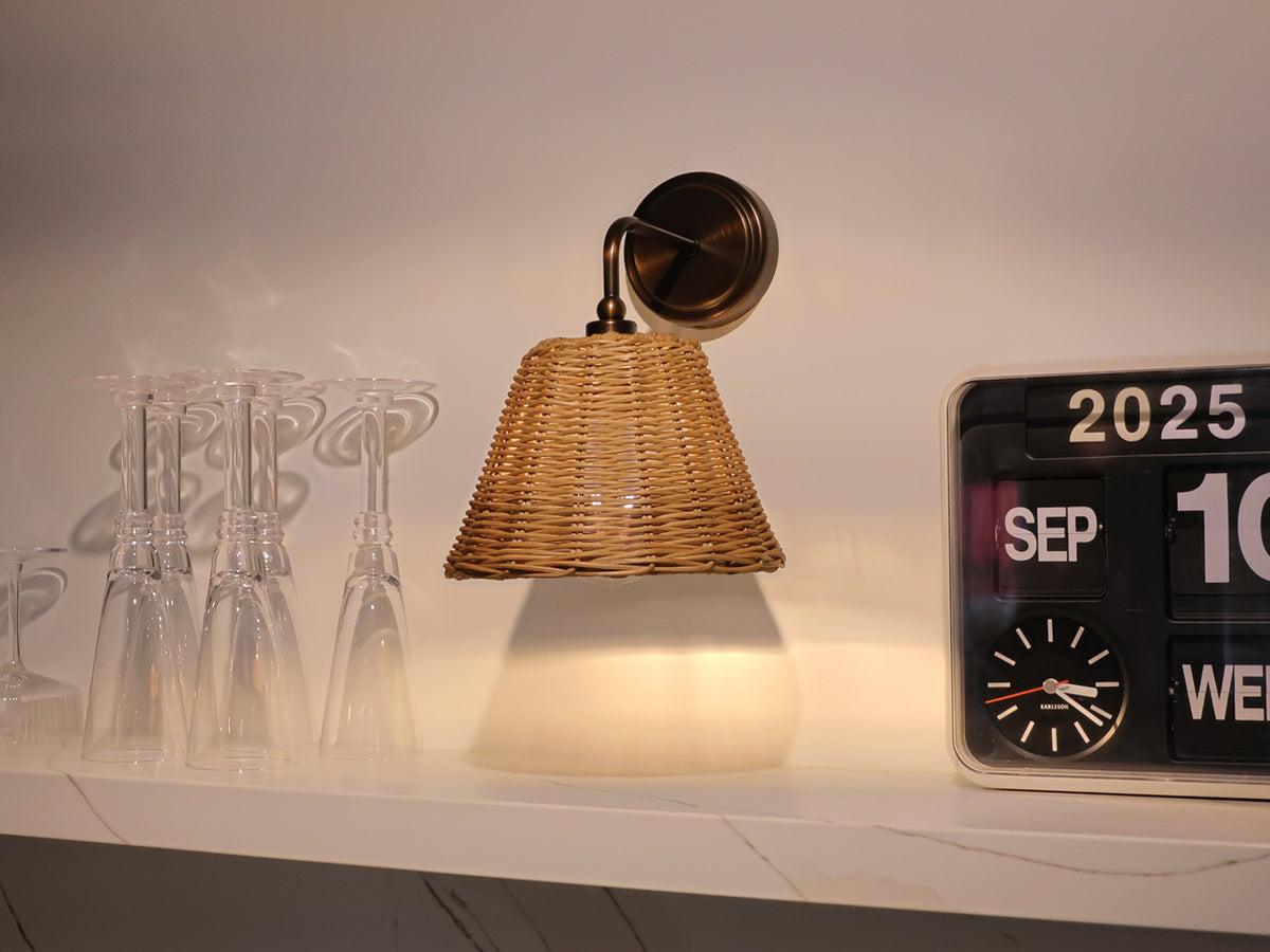 Arthur Short Arm Wall Light with Petit Rattan Shade