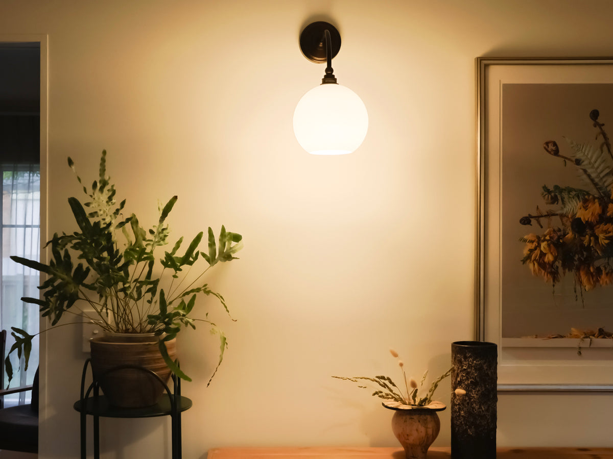 Arthur Long Arm Wall Light with 20cm Apothecary Opal Round Glass Shade