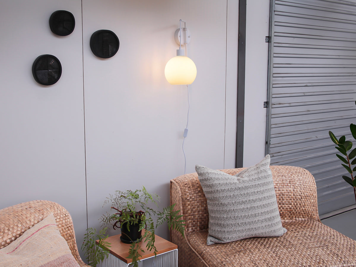 Frankie Swing Arm Wall Light with 20cm Apothecary Opal Round Glass Shade